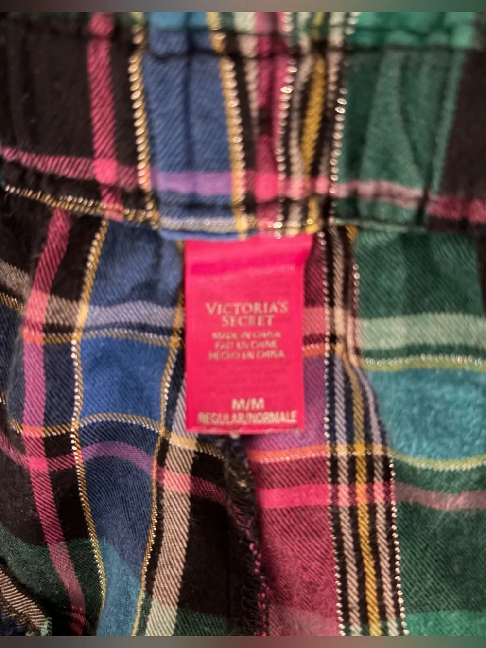 Victorias Secret Plaid Pajamas Top Pants PJ Set Size M Pink Green Blue Sparkle